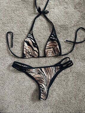 Black and Beige Zebra-Print String Bikini - Women Swim